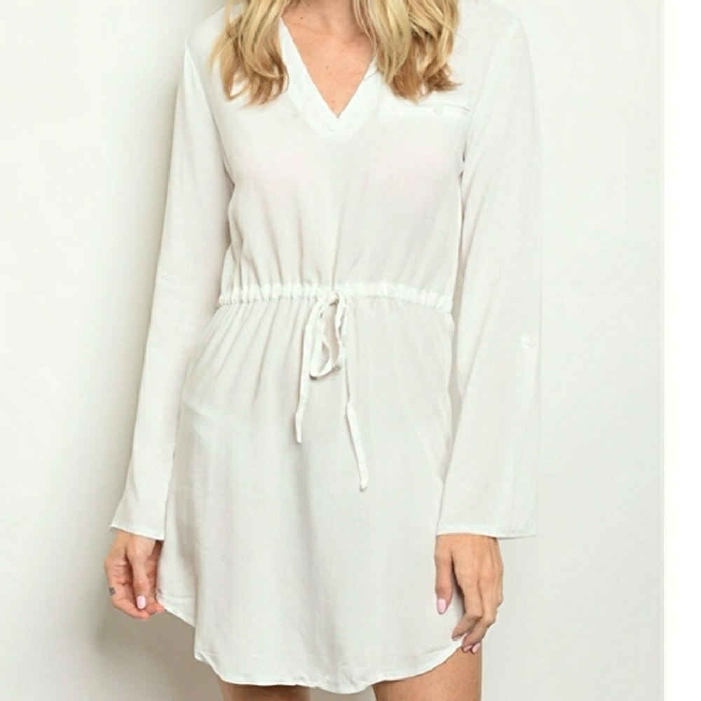 White 3/4 Tab Sleeve Tunic Dress